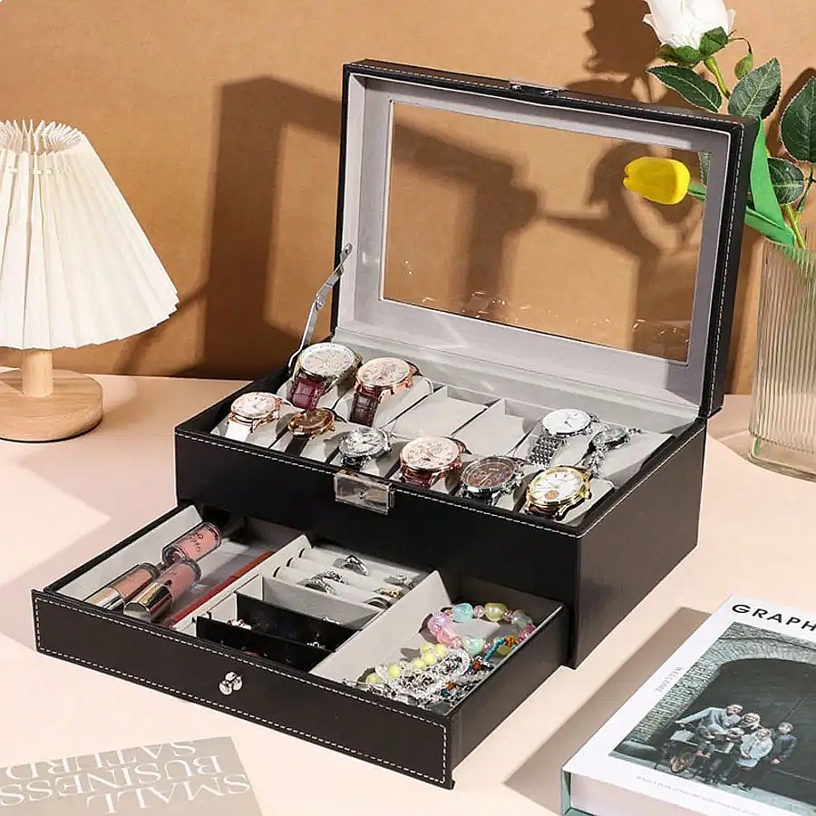 صندوق ساعات بـ 12 فتحة مع درج، - مراجعة Jewelry Box Organizer Watches وسعره