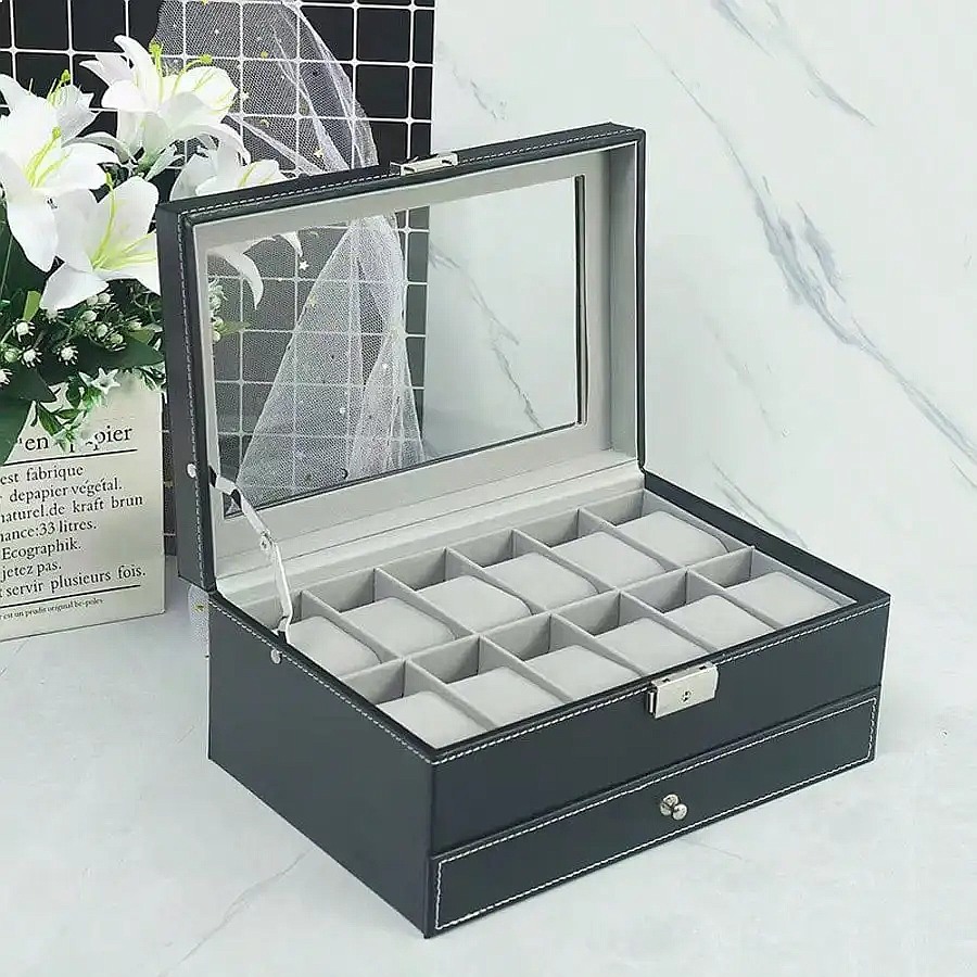 صندوق ساعات بـ 12 فتحة مع درج، - مراجعة Jewelry Box Organizer Watches وسعره