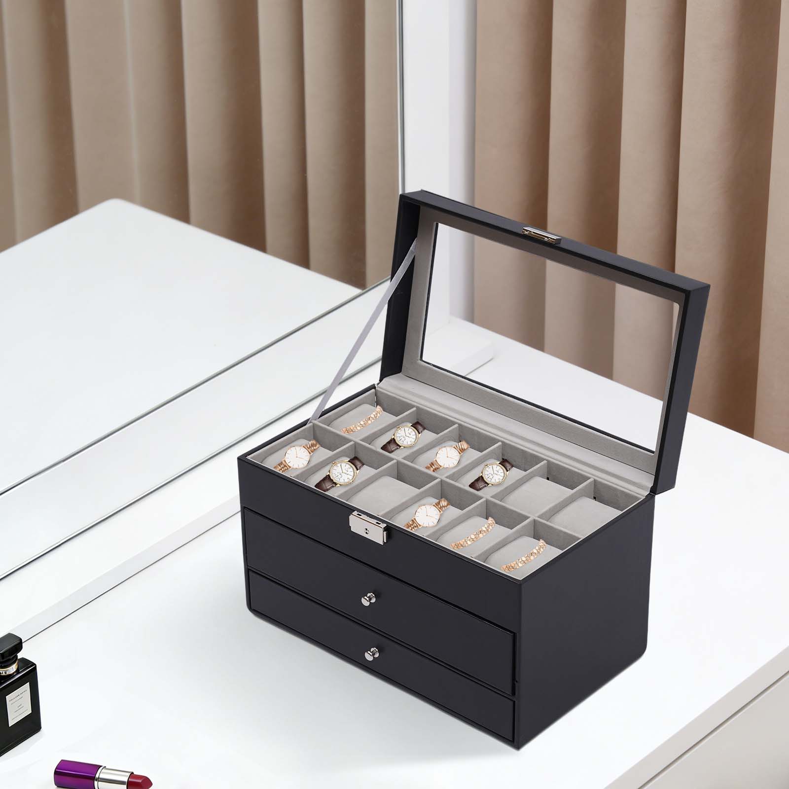 صندوق تخزين أسود متعدد الطبقات - مراجعة Jewelry Box Organizer Watches وسعره