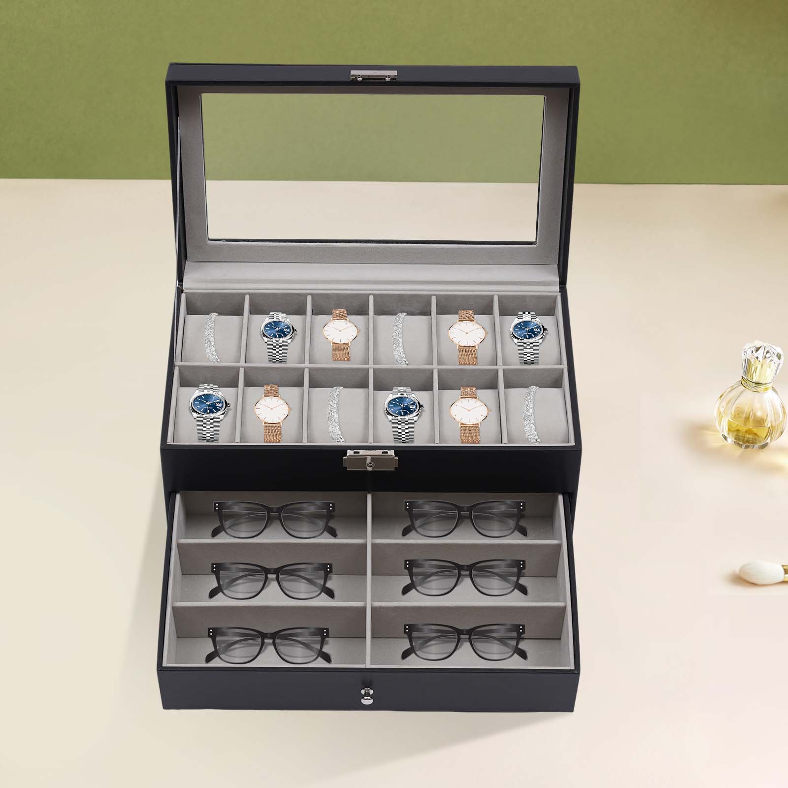 صندوق تخزين أسود متعدد الطبقات - مراجعة Jewelry Box Organizer Watches وسعره
